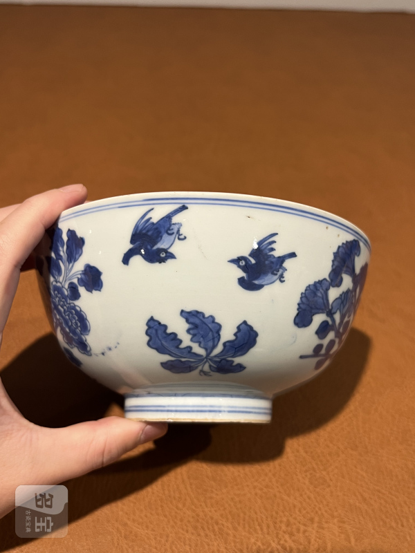清康熙 青花洞石花鸟纹大碗 - 图5